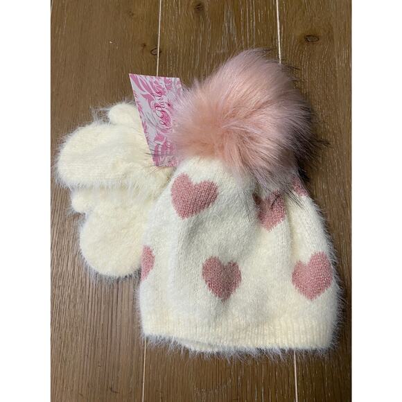 NWT Curls & Pearls couture cream pom hat with hearts and mittens - Picture 5 of 5